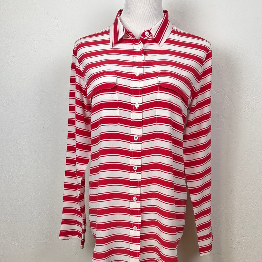 Equipment Red and White Striped Blouse Silk Medium - Picture 2 of 6